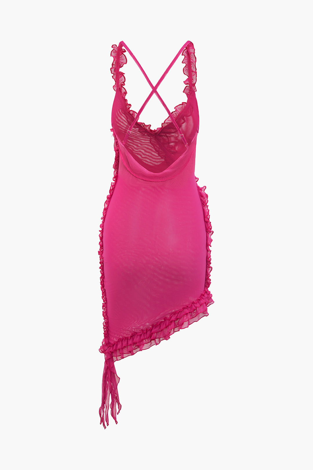 Sheer Mesh Ruffle Trim Asymmetrical Cross Backless Mini Dress