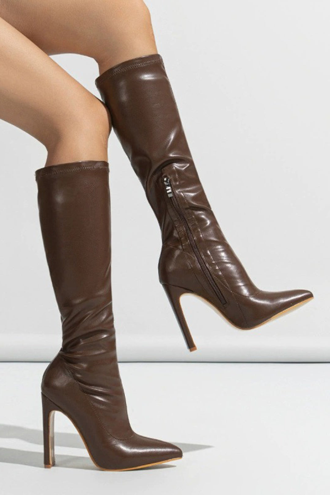 Pointed Zipper Knee High Boots