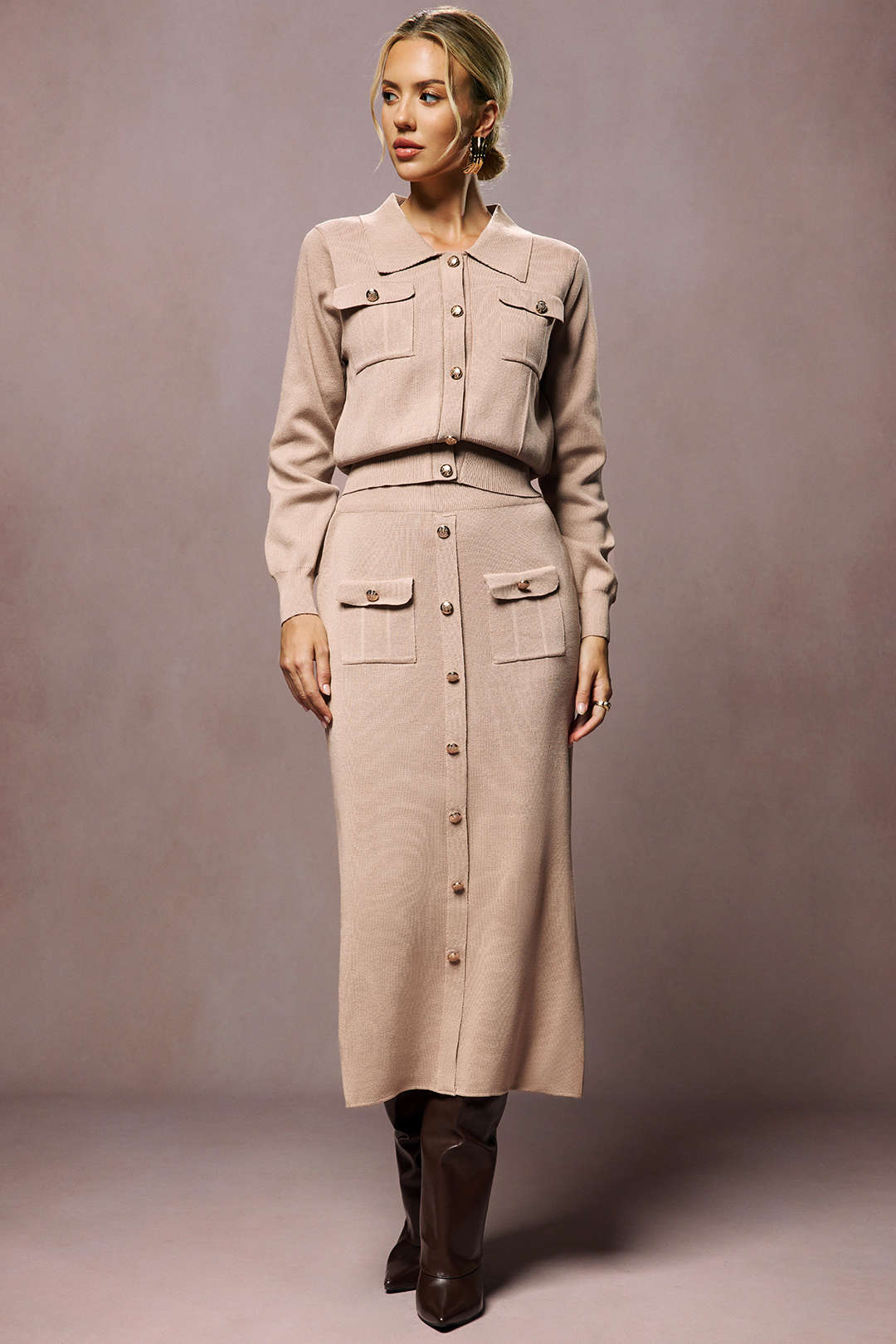 Cropped Button-Up Knit Top And Maxi Skirt Set