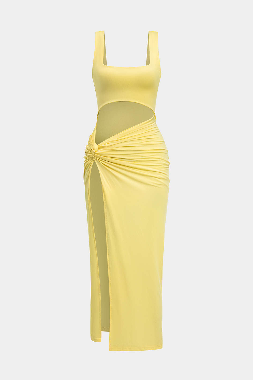 Solid Twist Front Cut Out Slit Midi Dress
