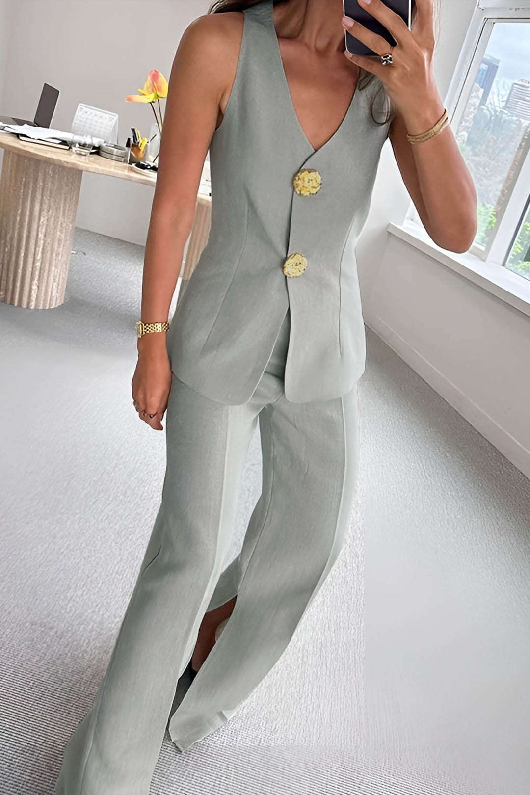 Sleeveless Suit Set Blazer Vest High Waist Pants