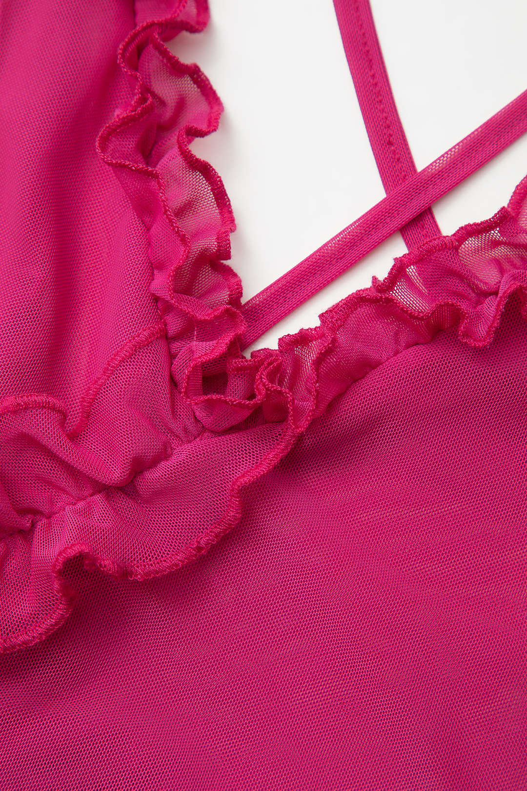 Sheer Mesh Ruffle Trim Asymmetrical Cross Backless Mini Dress