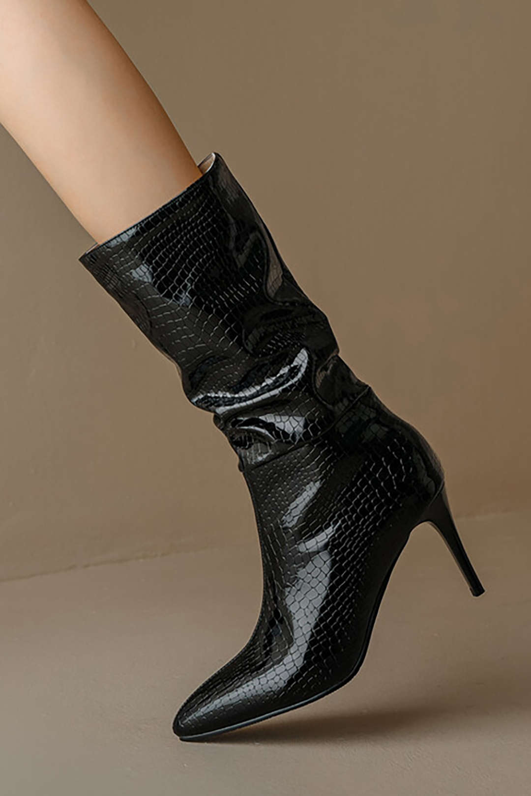 Faux Leather High Heel Pointed Ankle Boots