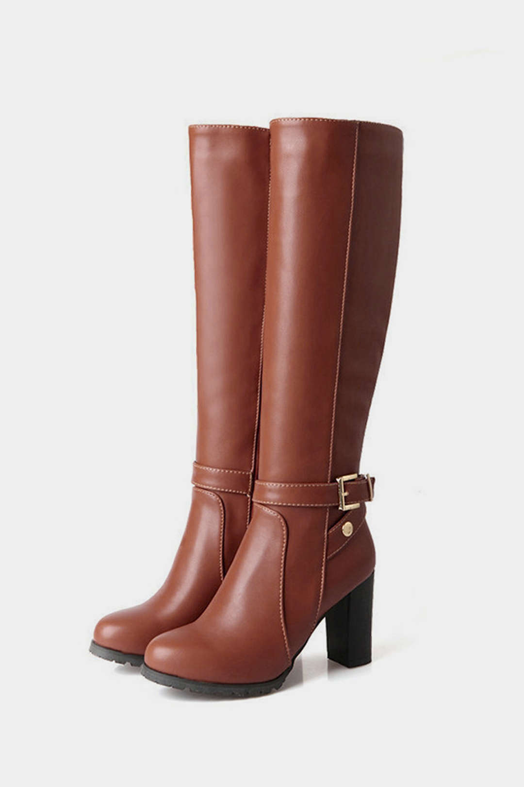 Round Toe Buckle Knee High Boots