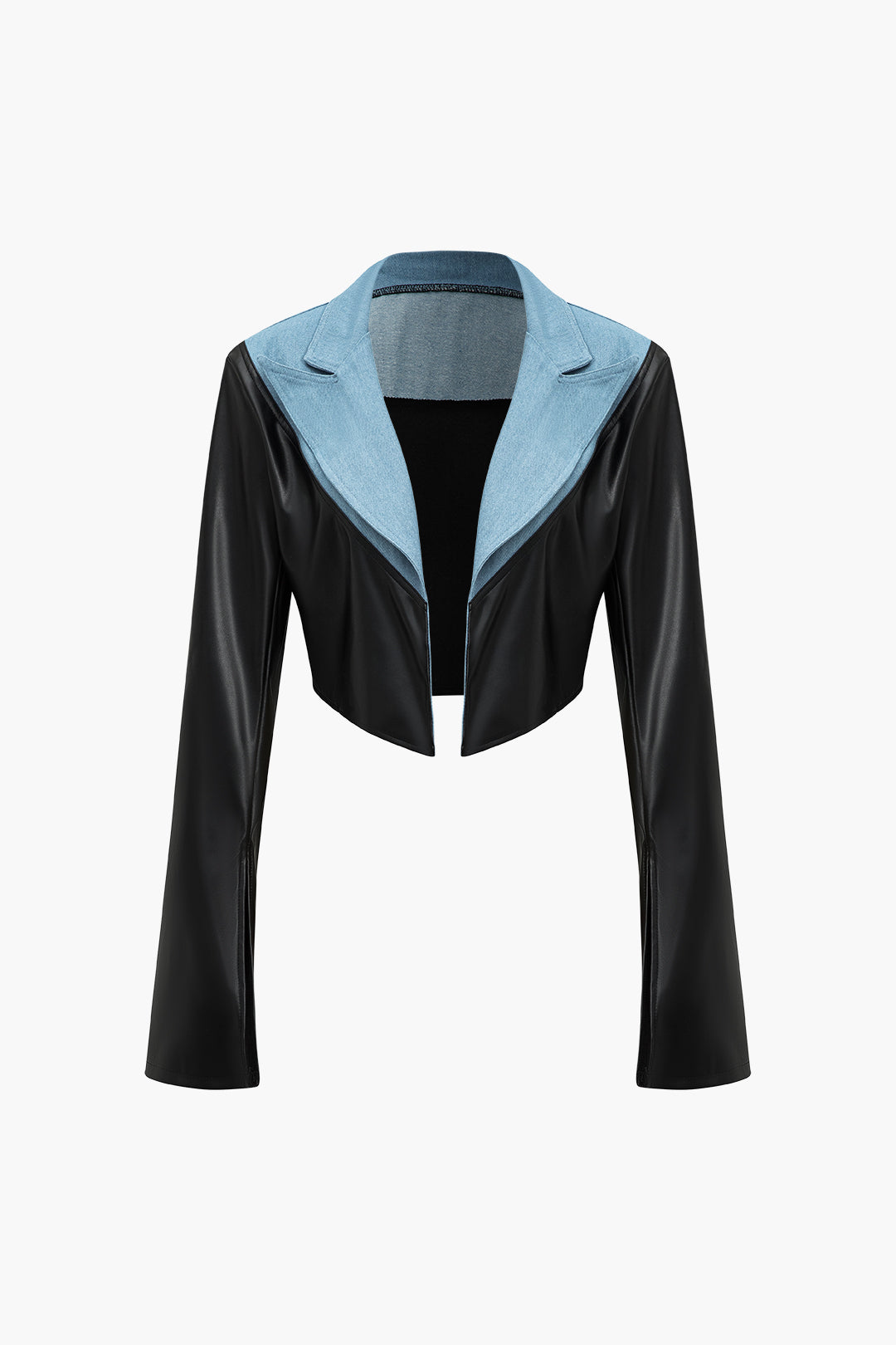 Faux Leather Denim Patchwork Crop Jacket