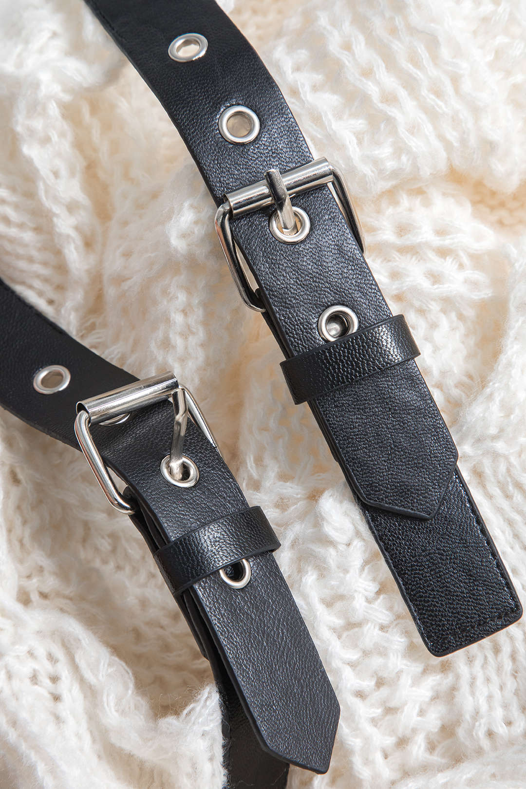 Knitted Cut Out Patchwork Belted Long-Sleeve Top