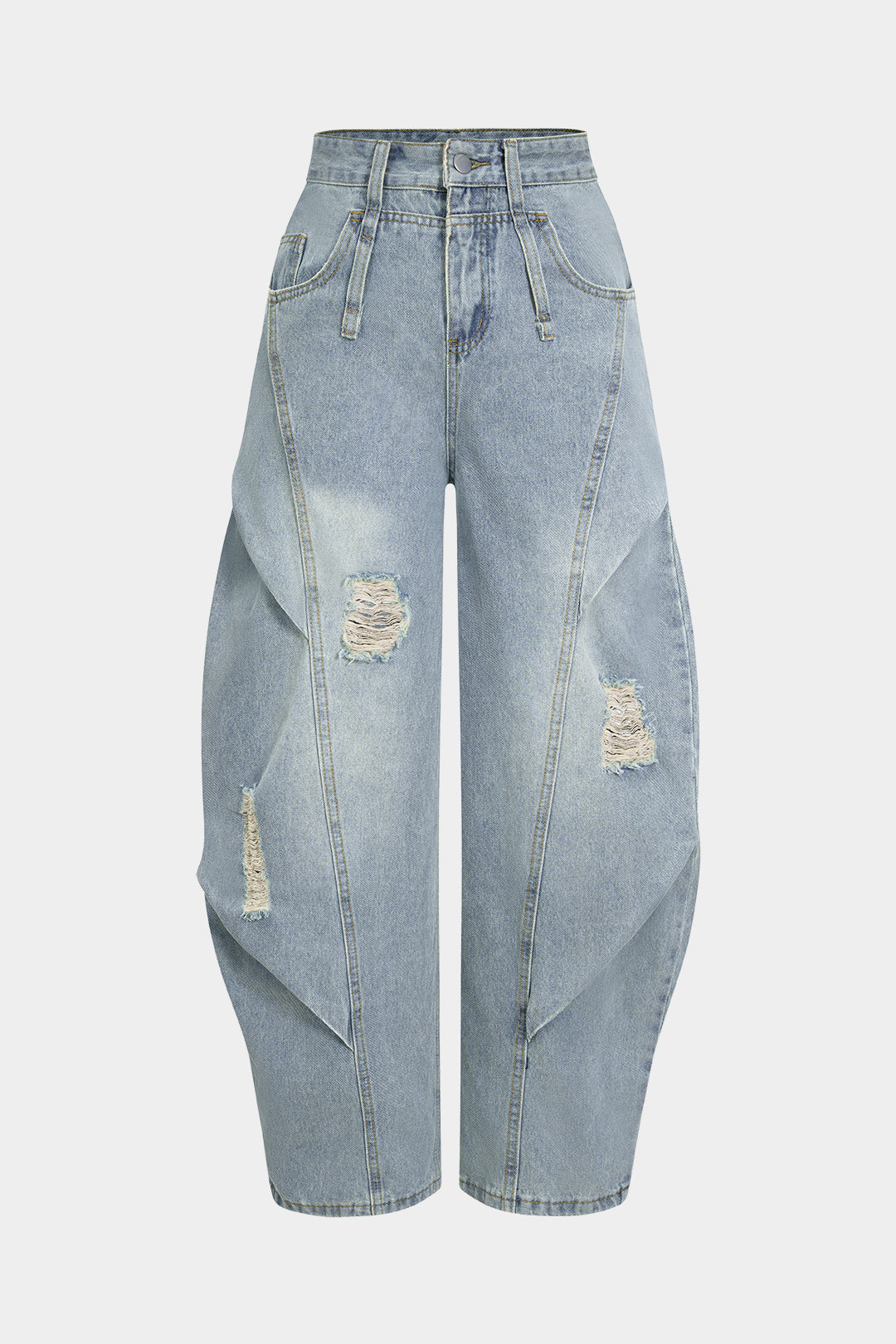 Denim Ripped Ruched Barrel Jeans