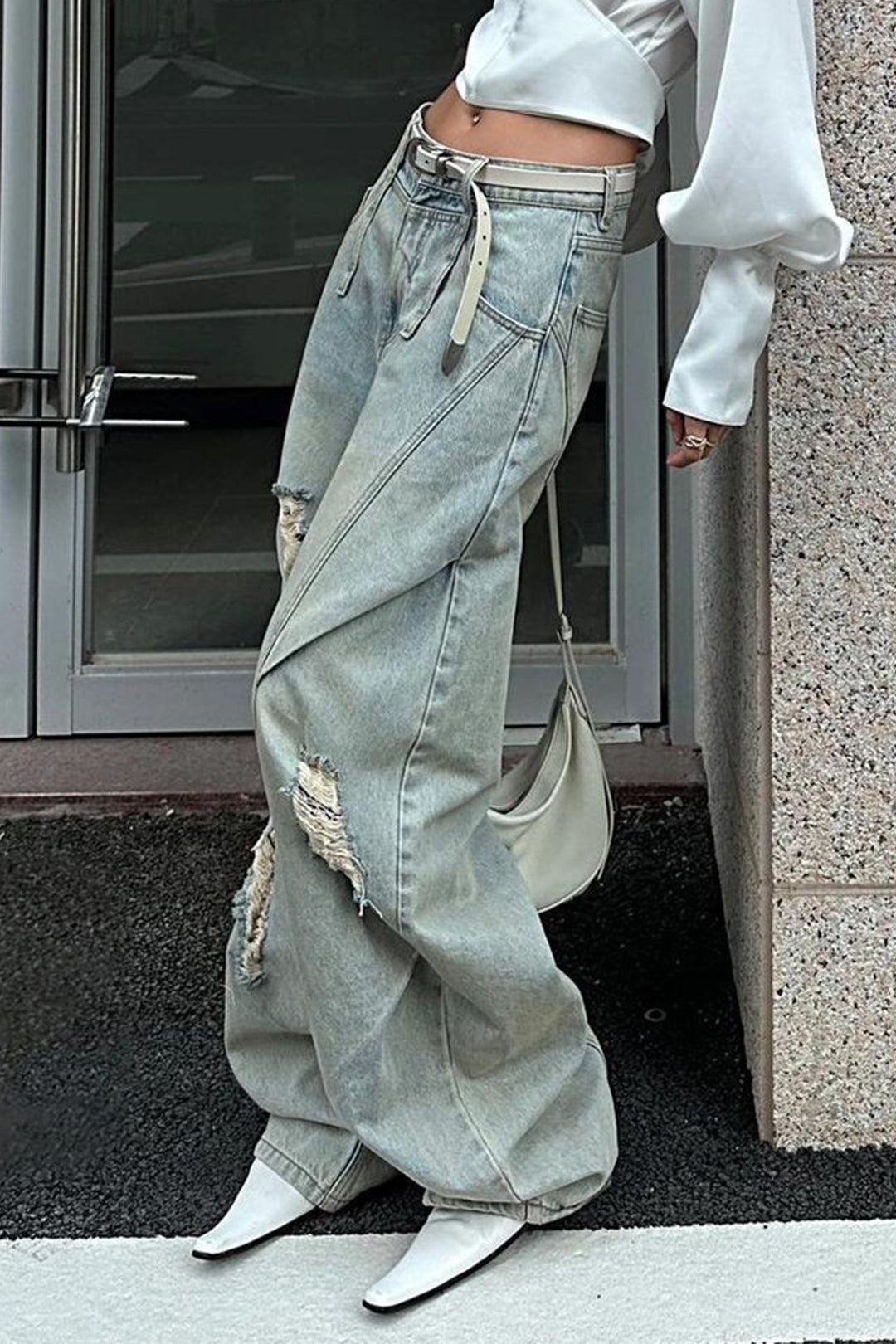 Denim Ripped Ruched Barrel Jeans