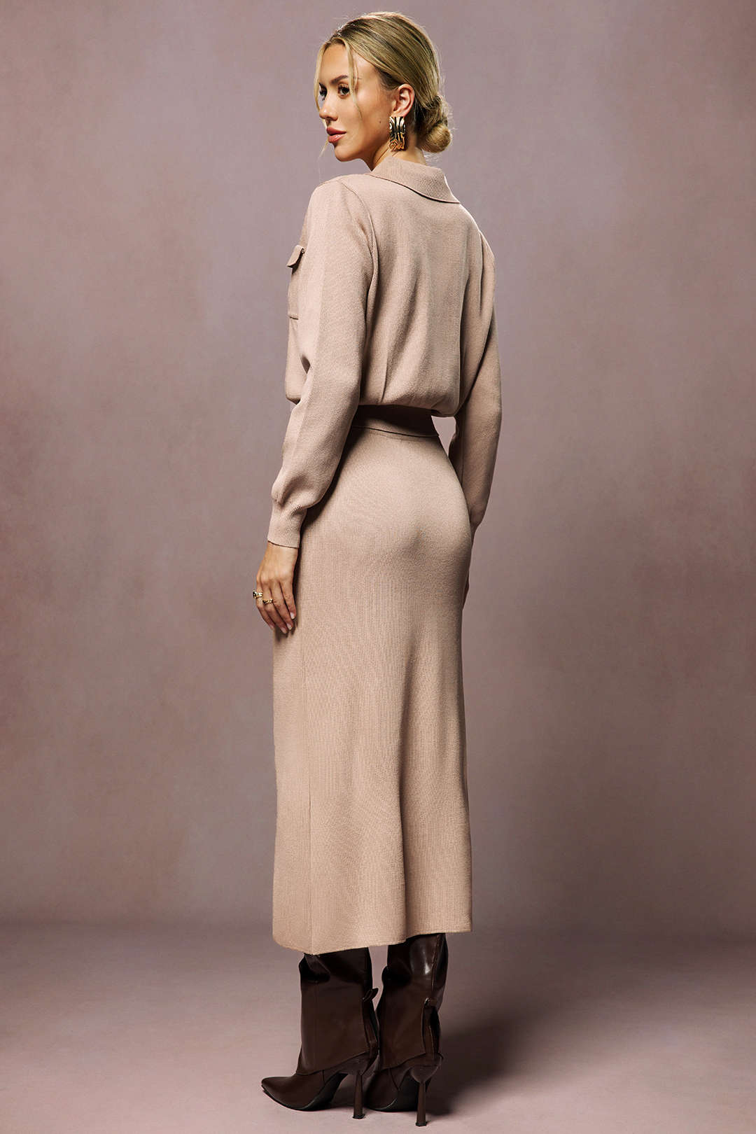 Cropped Button-Up Knit Top And Maxi Skirt Set